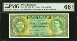 BRITISH HONDURAS. Government of British Honduras. 1 Dollar, 1961-69. P-28b. PMG Gem Uncirculated 66 EPQ.
Printed by BWC. Dark green and light yellow ...