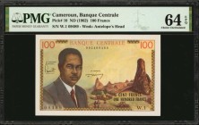 CAMEROON. Banque Centrale. 100 Francs, ND (1962). P-10. PMG Choice Uncirculated 64 EPQ.
Watermark of Antelope's Head. Bright paper and appealing colo...