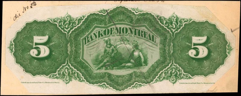 CANADA. Bank of Montreal. 5 Dollars, ND. CH #505-38-02p. Back Proof. About Uncir...