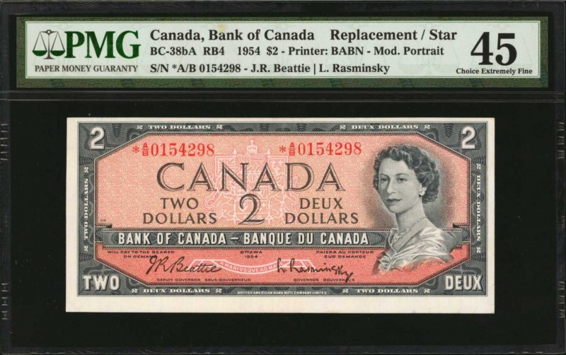 CANADA. Bank of Canada. 2 Dollars, 1954. P-76b/RB4 (BC-38bA). Replacement/Star. ...