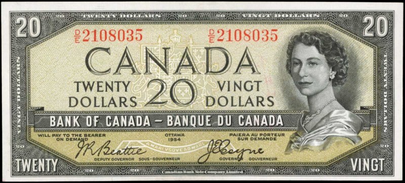 CANADA. Bank of Canada. 20 Dollars, 1954. P-70b. About Uncirculated.
A 20 Dolla...