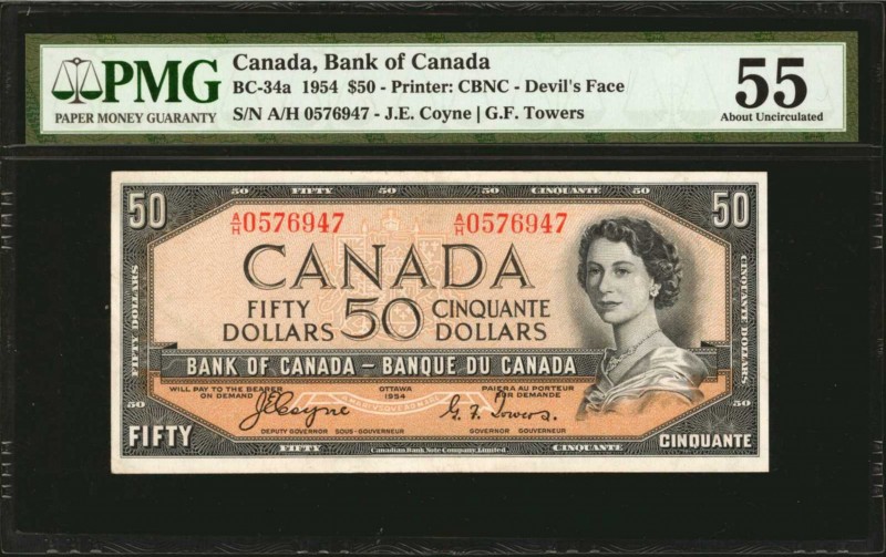 CANADA. Bank of Canada. 50 Dollars, 1954. BC-34a. PMG About Uncirculated 55.
Pr...