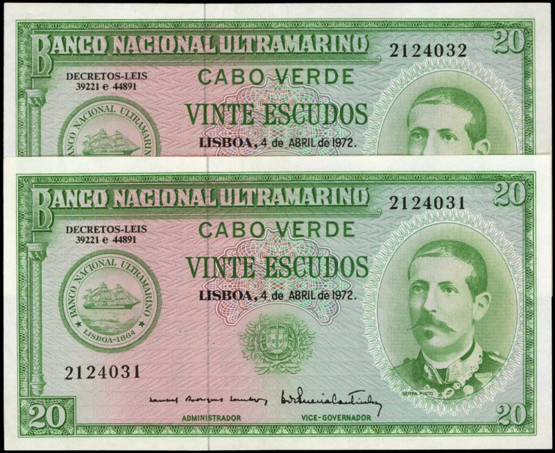 CAPE VERDE. Banco Nacional Ultramarino. 20 Escudos, 1972. P-52. Consecutive. Abo...