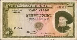 CAPE VERDE. Banco Nacional Ultramarino. 500 Escudos, 1974. P-53Aa. Very Fine.
A Very Fine example of this Cape Verde 500 Escudos note.
Estimate: $25...