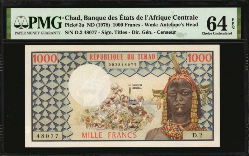 CHAD. Banque des Etats de l'Afrique Centrale. 1000 Francs, ND (1978). P-3a. PMG ...