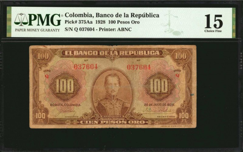 COLOMBIA. Banco de la Republica. 100 Pesos Oro, 1928. P-375Aa. PMG Choice Fine 1...