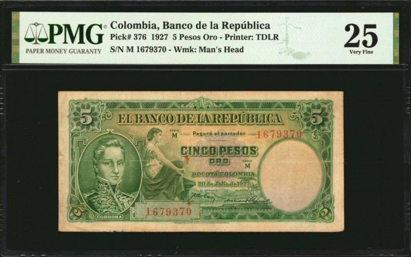 COLOMBIA. Banco de la Republica. 5 Pesos Oro, 1927. P-376. PMG Very Fine 25.
Pr...