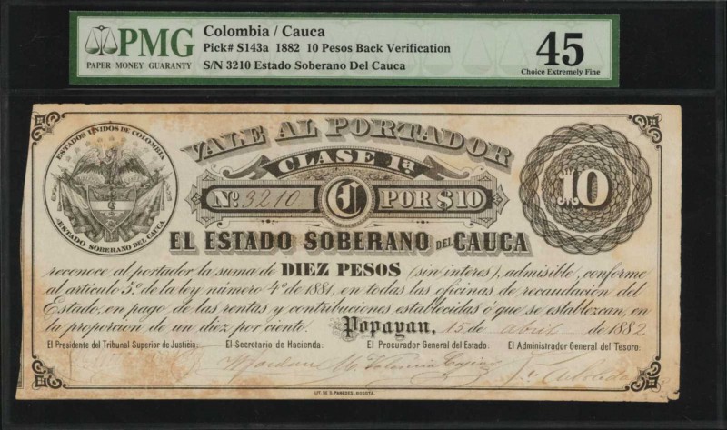 COLOMBIA. Estado Soberano del Cauca. 10 Pesos, 1882. P-S143a. PMG Choice Extreme...