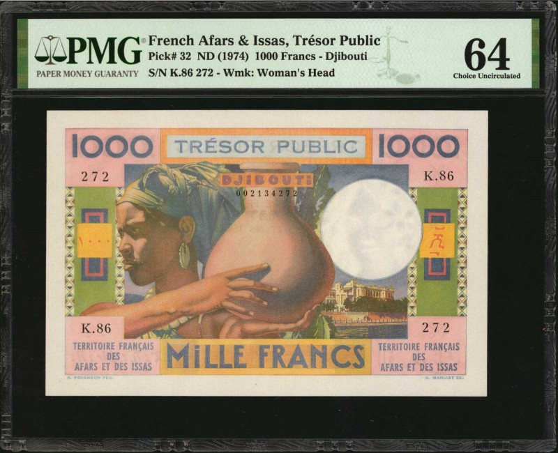 FRENCH AFARS & ISSAS. Tresor Public. 1000 Francs, ND (1947). P-32. PMG Choice Un...