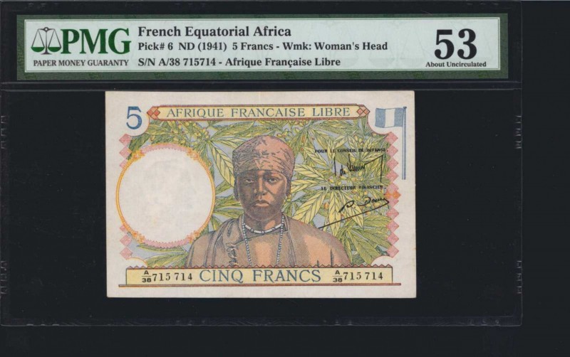 FRENCH EQUATORIAL AFRICA. Afrique Francaise Libre. 5 Francs, ND (1941). P-6. PMG...