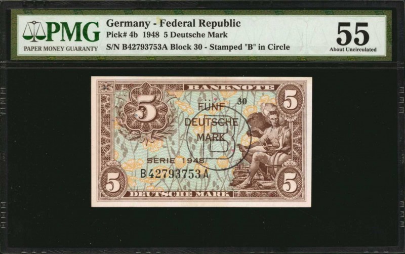 GERMANY. Federal Republic of German. 5 Deutsche Mark, 1948. P-4b. PMG About Unci...