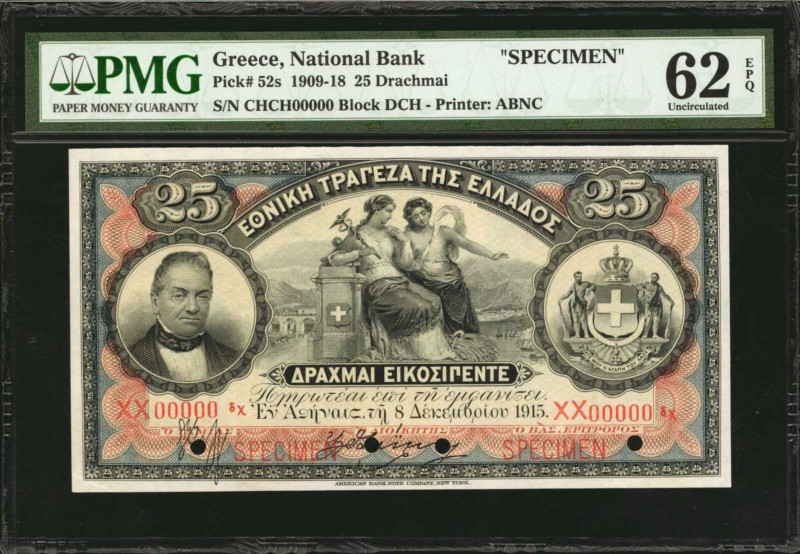 GREECE. National Bank. 25 Drachmai, 1909-18. P-52s. Specimen. PMG Uncirculated 6...