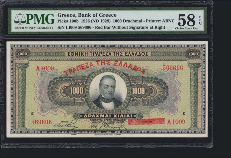 GREECE. Bank of Greece. 1000 Drachmai, 1926 (ND 1928). P-100b. PMG Choice About ...