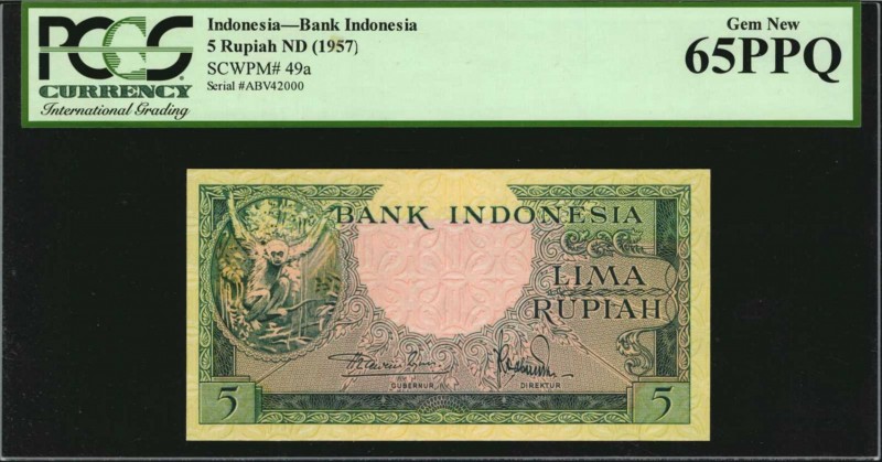 INDONESIA. Bank Indonesia. 5 Rupiah, ND (1957). P-49a. PCGS Currency Gem New 65 ...