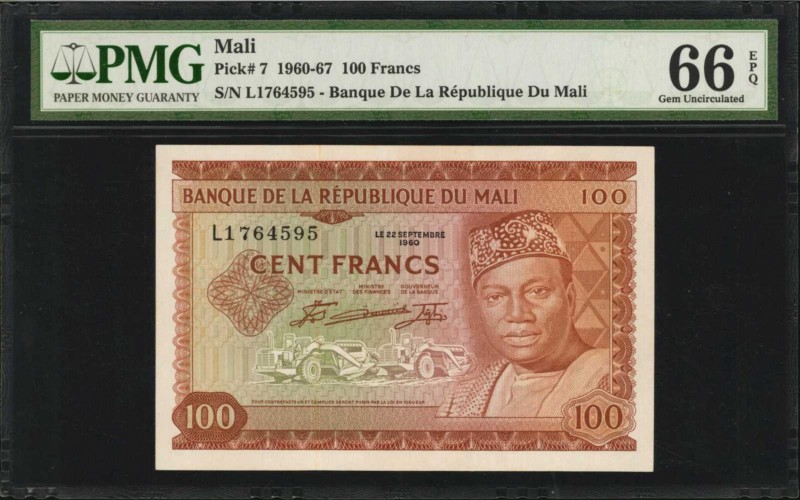 MALI. Banque de la Republique du Mali. 100 Francs, 1960-67. P-7. PMG Gem Uncircu...