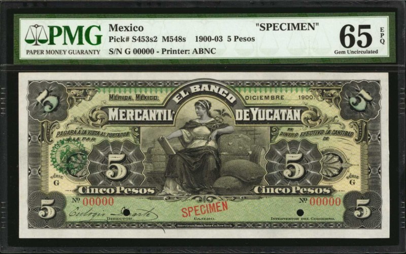 MEXICO. Banco Mercantil de Yucatan. 5 Pesos, 1900-03. P-S453s2. Specimen. PMG Ge...