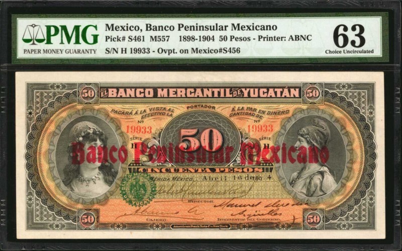 MEXICO. Banco Peninsular Mexicano. 50 Pesos, 1898-1904. P-S461. PMG Choice Uncir...