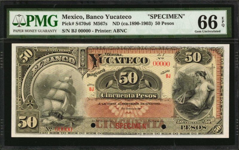 MEXICO. Banco Yucateco. 50 Pesos, ND (ca. 1890-1903). P-S470s6. Specimen. PMG Ge...