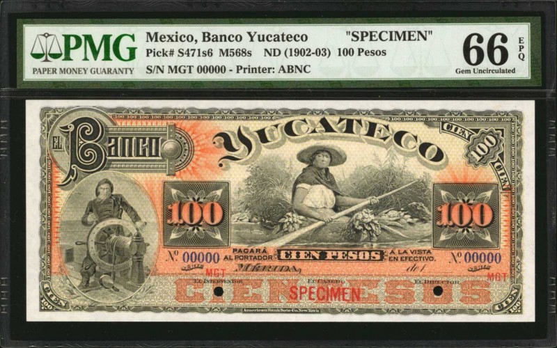 MEXICO. Banco Yucateco. 100 Pesos, ND (1902-03). P-S471s6. Specimen. PMG Gem Unc...