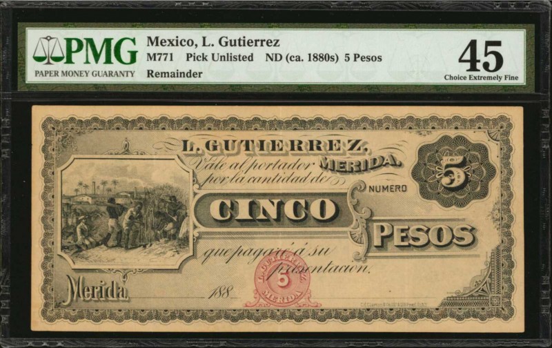 MEXICO. L. Gutierrez. 5 Pesos, ND (ca. 1880s). P-Unlisted. Remainder. PMG Choice...