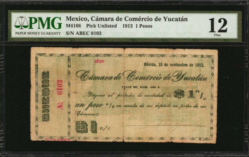 MEXICO. Camara de Comercio de Yucatan. 1 Pesos, 1913. P-Unlisted. PMG Fine 12.
...