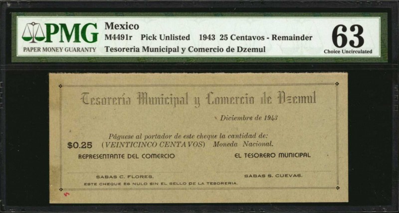 MEXICO. Tesoreria Municipal y Comercio de Dzemul. 25 Centavos, 1943. P-Unlisted....