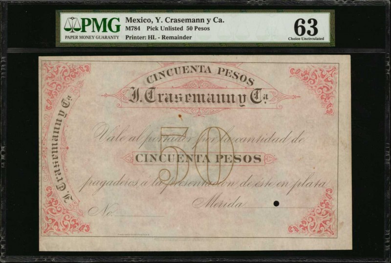 MEXICO. Y. Crasemann y Ca. 50 Pesos, ND. P-Unlisted. Remainder. PMG Choice Uncir...