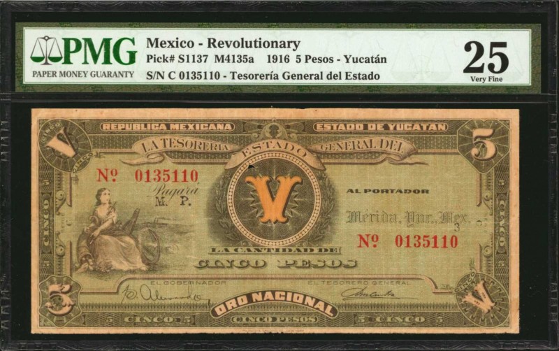 MEXICO--REVOLUTIONARY. Tesoreria General del Estado. 5 Pesos, 1916. P-S1137. PMG...