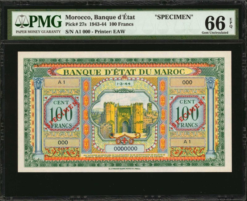 MOROCCO. Banque D'Etat. 100 Francs, 1943-44. P-27s. Specimen. PMG Gem Uncirculat...