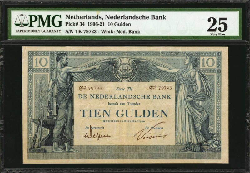 NETHERLANDS. Nederlandsche Bank. 10 Gulden, 1906-21. P-34. PMG Very Fine 25.
Ea...