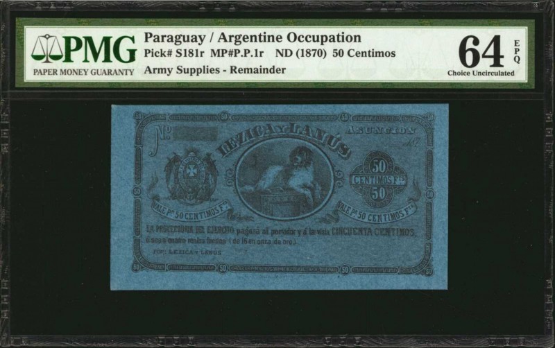 PARAGUAY. Argentine Occupation. 50 Centimos, ND (1870). P-S181r. Remainder. PMG ...