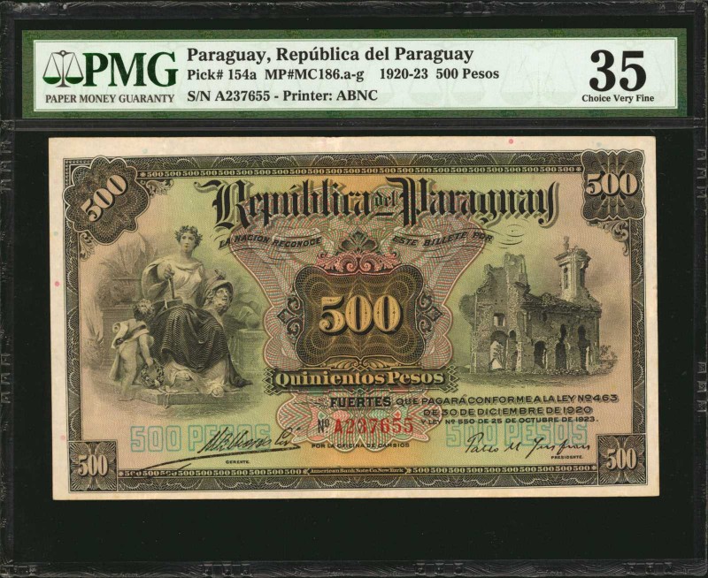 PARAGUAY. Republica del Paraguay. 500 Pesos, 1920-23. P-154a. PMG Choice Very Fi...