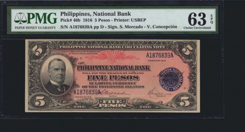 PHILIPPINES. National Bank. 5 Pesos, 1916. P-46b. PMG Choice Uncirculated 63 EPQ...