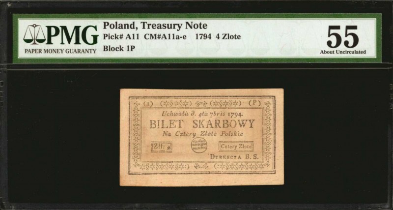 POLAND. Treasury Note. 4 Zlote, 1794. P-A11. PMG About Uncirculated 55.
CM #A11...