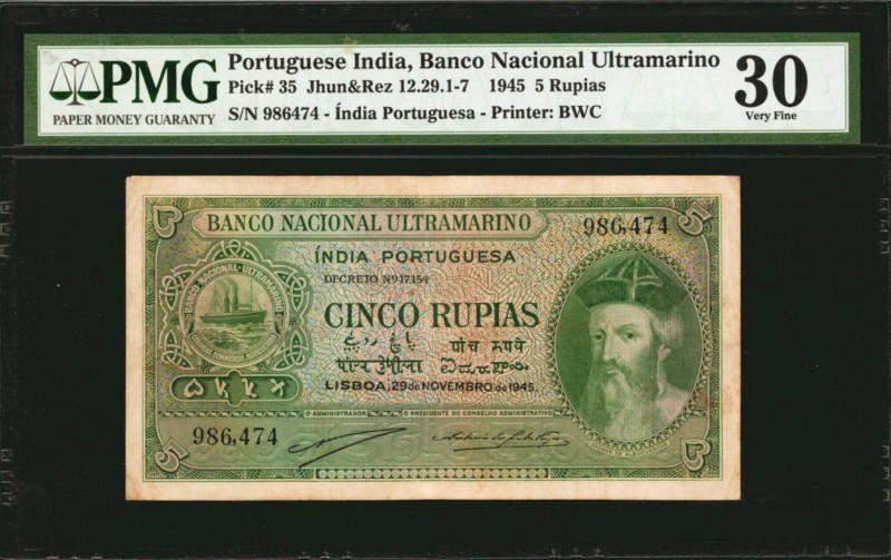 PORTUGUESE INDIA. Banco Nacional Ultramarino. 5 Rupias, 1945. P-35. PMG Very Fin...