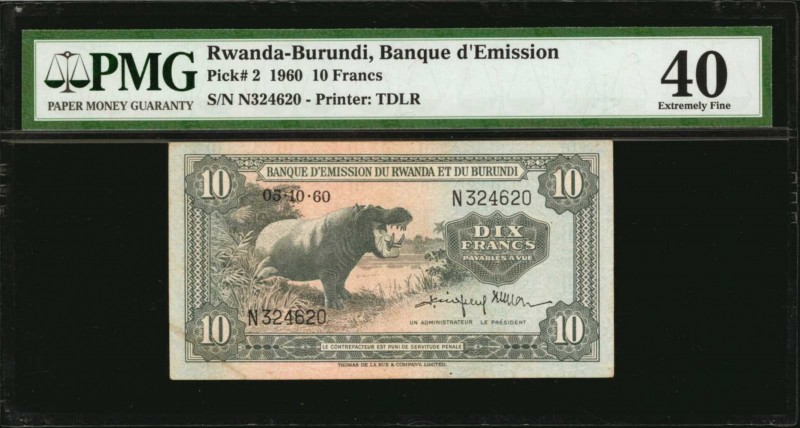 RWANDA-BURUNDI. Banque D'Emission. 10 Francs, 1960. P-2. PMG Extremely Fine 40....