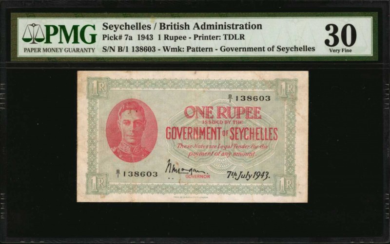 SEYCHELLES. British Administration. 1 Rupee, 1943. P-7a. PMG Very Fine 30.
Chal...