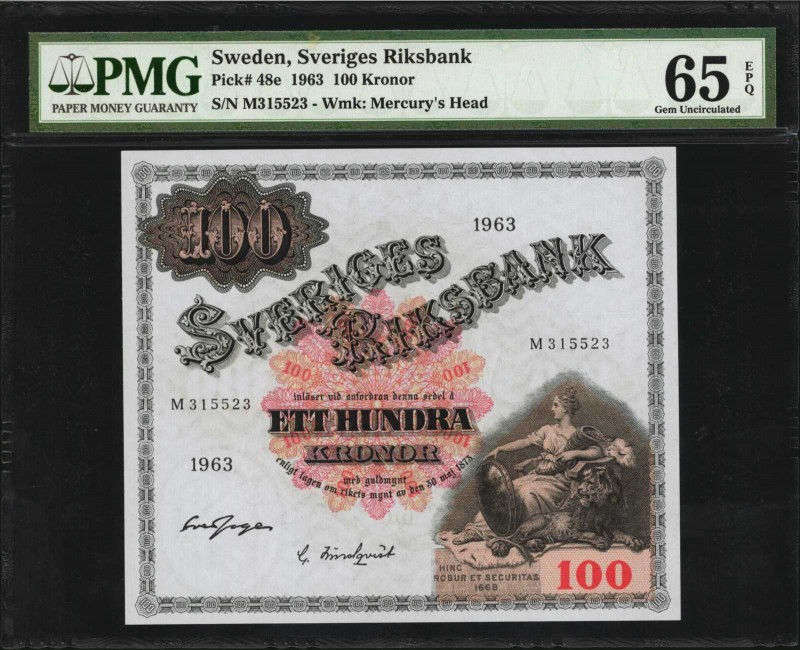 SWEDEN. Sveriges Riksbank. 100 Kronor, 1963. P-48e. PMG Gem Uncirculated 65 EPQ....