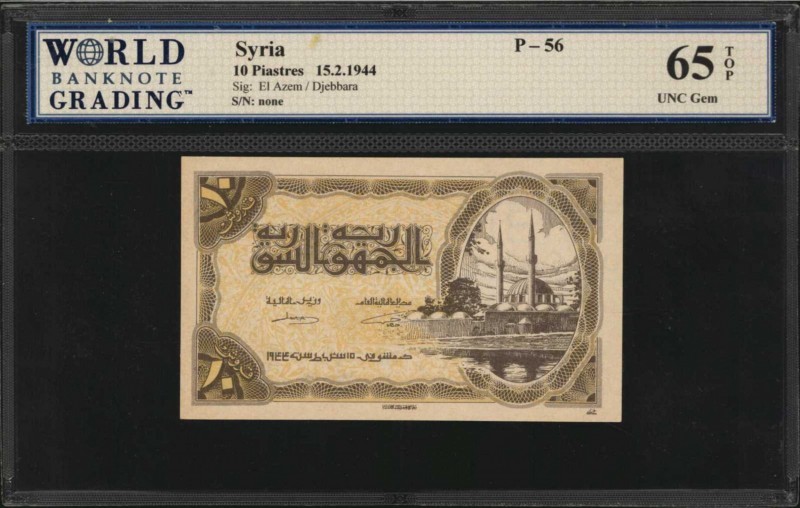 SYRIA. Republique Syrienne. 10 Piastres, 1944. P-56. WBG Gem Uncirculated 65 TOP...