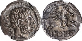 HISPANIA. Barskunes. AR Denarius, late 2nd century B.C. NGC EF.
ACIP-1632. Obverse: Bearded head right; Reverse: Warrior, holding sword, riding horse...