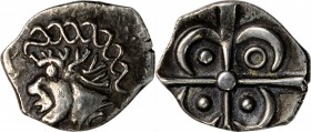 CELTIC. Southern Gaul. Volcae-Arecomici. AR Unit (2.57 gms), ca. 118-76/74 B.C. NEARLY EXTREMELY FINE.
Depeyrot-249. Obverse: Stylized head left; Rev...