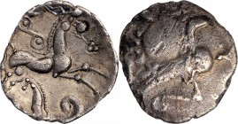 CELTIC. Northeast Gaul. Veliocassi. AR Quinarius (0.89 gms), ca. 50-30 B.C. NEARLY VERY FINE.
D&T-188. Obverse: Stylized helmeted head of Roma right;...