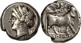ITALY. Campania. Neapolis. AR Didrachm (Nomos) (7.30 gms), ca. 275-250 B.C. CHOICE VERY FINE.
HN Italy-586. Obverse: Head of nymph left; lyre to righ...