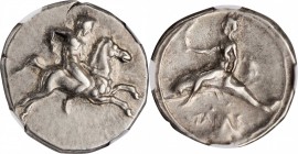 ITALY. Calabria. Tarentum. AR Didrachm (Nomos), ca. 400-390 B.C. NGC Ch VF. Graffito.
HN Italy-850. Obverse: Youth on horse galloping right; Reverse:...