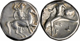 ITALY. Calabria. Tarentum. AR Didrachm (Nomos) (7.74 gms), ca. 302-290 B.C. NEARLY EXTREMELY FINE.
Vlasto-594-6; HN Italy-935. Obverse: Warrior, hold...
