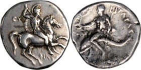 ITALY. Calabria. Tarentum. AR Didrachm (Nomos) (6.52 gms), ca. 280-272 B.C. VERY FINE.
Vlasto-720-2; HN Italy-1002. Obverse: Warrior, wearing shield ...