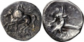 ITALY. Calabria. Tarentum. AR Didrachm (Nomos) (6.45 gms), ca. 280-272 B.C. CHOICE VERY FINE.
Vlasto-790-1; HN Italy-1013. Obverse: Warrior, holding ...