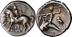 ITALY. Calabria. Tarentum. AR Didrachm (Nomos) (5.85 gms), ca. 272-240 B.C. CHOICE VERY FINE.
Vlasto-836-41; HN Italy-1025. Obverse: Nude youth crown...