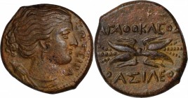 SICILY. Syracuse. Agathokles, 317-289 B.C. AE (7.99 gms), ca. 304-289 B.C. EXTREMELY FINE.
CNS-138; HGC-2, 1537. Obverse: Draped bust of Artemis Sote...