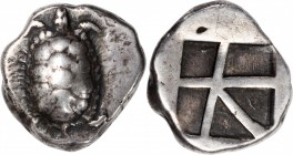 AEGINA. AR Stater, ca. 456/45-431 B.C. CHOICE VERY FINE.
HGC-6, 437. Obverse: Land tortoise with segmented shell; Reverse: Large square incuse with s...